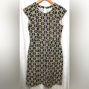 Mata Traders Fair Trade Navy, Gold & White Geometric Cotton Midi Dress - M